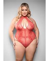 Temptress Calliope Striped Sheer Floral Lace Zippered Teddy - Coral