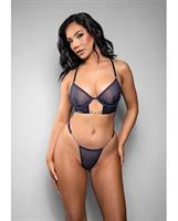 Temptress Celeste Sheer Striped Rhinestone Mesh Bra with G-String 2 pc Set - Navy