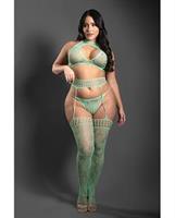 Sheer Heart Of Glass Lace Knit Halter Top with G-String and Gartered Stockings 3 pc Set - Mint