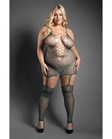 Sheer Wild Heart Reptile Print Bodystocking Dress w/Attached Stockings - Green