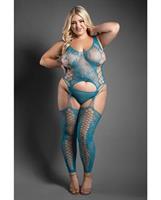Sheer Everlasting Lace Bodystocking w/Attached Stockings and G-String 2 pc Set - Teal