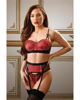Tease Sophie Plaid Long Line Bra, Garter Belt and G-String Red