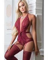 Plunging Halter Teddy w/Stockings - Magenta Purple