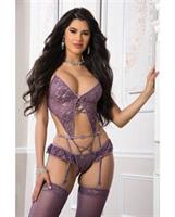 Garter Corset Teddy and Stockings Mauve Merlot
