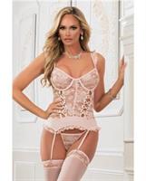 Lace Up Garter Corset w/Thong and Stockings Champagne Pink