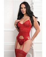 Lace Garter Corset w/Open Crotch Panty and Stockings 3 pc Set - Red