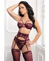 Lace and Embroidery Underwire Bra w/Thong, Garter and Stockings 4 pc Set - Plum