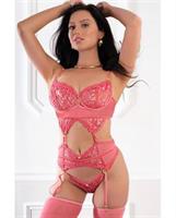 Sheer Lace and Mesh Wired Top, Garter Belt, Thong, and Stocking - Tea Rose