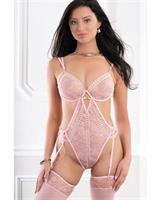 Dramatic Lace Teddy w/Garter Straps and Stockings - Pink