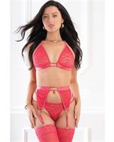Sheer Leopard Lace Garter Set w/Halter Bra and Stockings - Teaberry