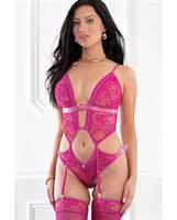 Sheer Lace Teddy w/Studded Vinyl Details and Stockings - Vivid Raspberry