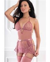 Sheer Lace Apron Style Babydoll, Garters, Open Back Panty and Stockings - Dusty Rose