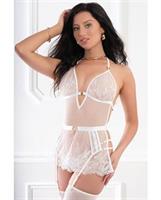 Sheer Lace Apron Style Babydoll, Garters, Open Back Panty and Stockings - White