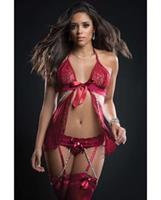 Cut Out Open Front Flyaway Babydoll w/Pearl Chains and Garter Panty Red Berry