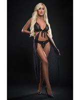 Cut Out Open Front Flyaway Night Gown w/Pearl Chains and Panty Black