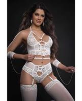 Lace Up Halter Bustier, Boyshort Garters and Stockings Lavish White