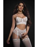 Lacey Bustier Top, Garter Boyshort w/Stockings White