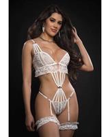 O'Ring Caged Garter Teddy w/Lace Garters Lavish White