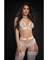 Lace Bra, Cheeky Panty Garter and Stockings Lavish White