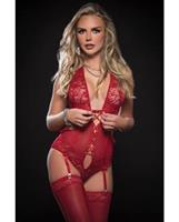 Divine Lace Up Garter Teddy w/Snap Crotch and Stocking Red