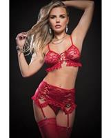 Laced Bra, Garter Skirt, Thong and Stockings Red