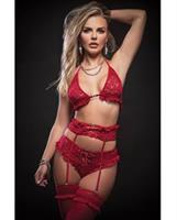 Lace Halter Bra, Lace Up Panties w/Built in Garter Belt and Stockings Red