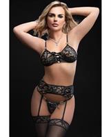 Lace Up Bra w/Heart Detail, Garter Belt and Thong Black