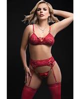 Lace Up Bra w/Heart Detail, Garter Belt and Thong Red