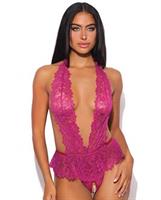 Jocelyn Lace Halter Teddy w/Open Crotch - Raspberry