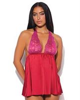 Jocelyn Lace and Satin Halter Mini Babydoll Dress w/Thong - Raspberry