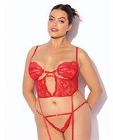 Cecily Lace and Mesh Bustier w/Thong and Garter Straps - Red