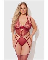 Eden Embroidered Lace and Mesh Teddy w/Garters