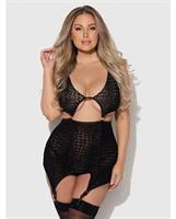 Snake Velvet-Burnout Mesh Chemise and G-String Set - Black
