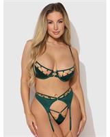Evangeline Satin and Chain Push Up Bra, Thigh Garter Belt and G-String Set - Green