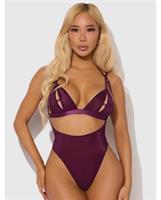 Yasmine Shimmer Mesh Slit Cup, Backless Teddy and Bralette Set - Burgundy