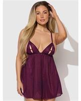 Yasmine Shimmer Mesh O-Ring Slit Cup Babydoll and G-String Set - Burgundy