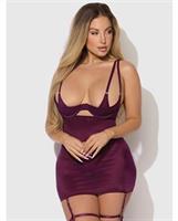 Yasmine Shimmer Mesh O-Ring Thigh Garter Chemise and G-String Set - Burgundy