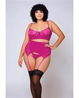 Soft Lace Bra, High Waist Satin and Mesh Garterbelt and G-String Fuchsia