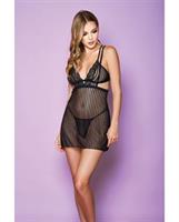 Strappy Soft Cup Stripe Mesh Caged Under Bust Chemise and G-String Black