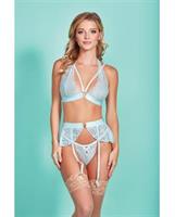 Mercedes Cross Dyed Galloon Lace Strappy Halter Bra, Garter Skirt and G-String Light Blue