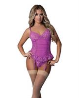 Butterfly Fantasies Gathered Corset w/Cheeky Panty and Attached Garters 2 pc Set - Neon Purple