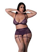 Leather and Lace Stretch Mesh and Lace Bralette w/Garter and Thong 3 pc Set - Plum