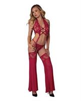 Black Cherry Plunge Top w/Removable Chaps and Cheeky Panty Set - Red