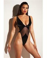 FETISH Limitless Soft Cup High Leg Vinyl and Mesh Teddy Black