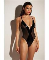 FETISH Finesse Soft Cup Vinyl and Mesh Teddy w/Barbell Black