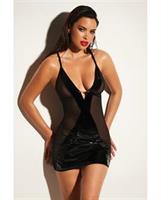 FETISH Excitement Fishnet and Vinyl Fitted Babydoll w/D-Ring and Metal Clasp Black