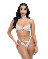 Pearla Lace Underwire Bra and Open Back Panty w/Matching Collar 3 pc Set - White