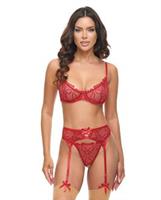 Mariah Embroidered Lace and Mesh Underwire Bra w/Garter and G-String 3 pc Set - Burgundy