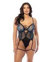 Lola Unlined Underwire Embroidered Teddy w/Attached Garter Stays - Black