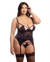 Demi Padded Shelf Cup Merrywidow w/Overlay Lace and Panty Black/Heliotrope